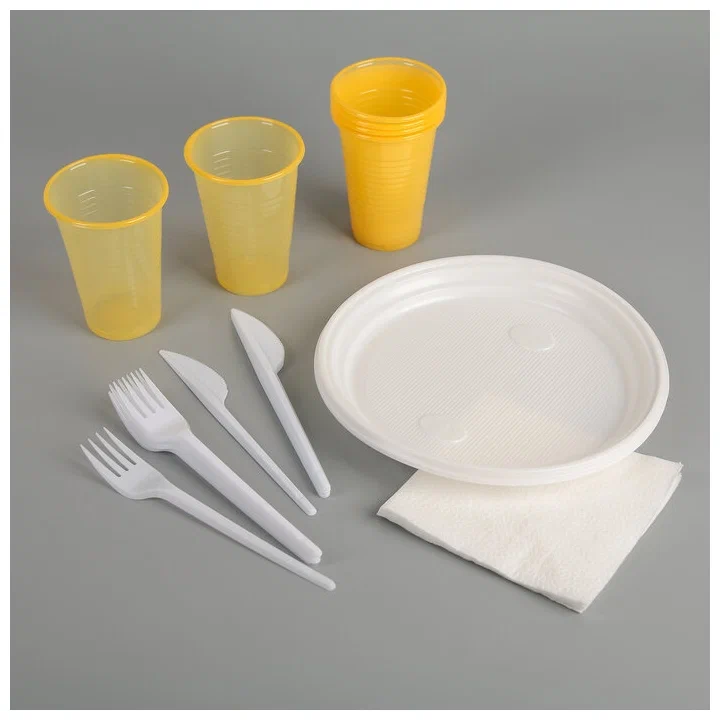 Одноразовая посуда недорого. Набор одноразовой посуды «Пикничок», 6 персон, цвет микс. Набор одноразовой посуды пикник на 6 персон. .Набор посуды на 6 персон (тар,вилка, стак,сал) №8. Посуда одноразовая пластиковая.