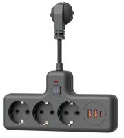 Удлинитель с сетевым фильтром 3х0.3м 10А 2USB+IUSB 2500Вт ПВС 3*1 компакт черн. КОСМОС