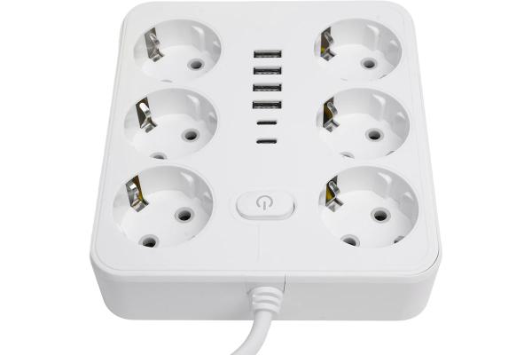 Удлинитель 6-мест. c/з 3x1мм2, 3 м, 250В, 10А, 4USB+2Type-C 2,4А, белый STEKKER HM09-66-02