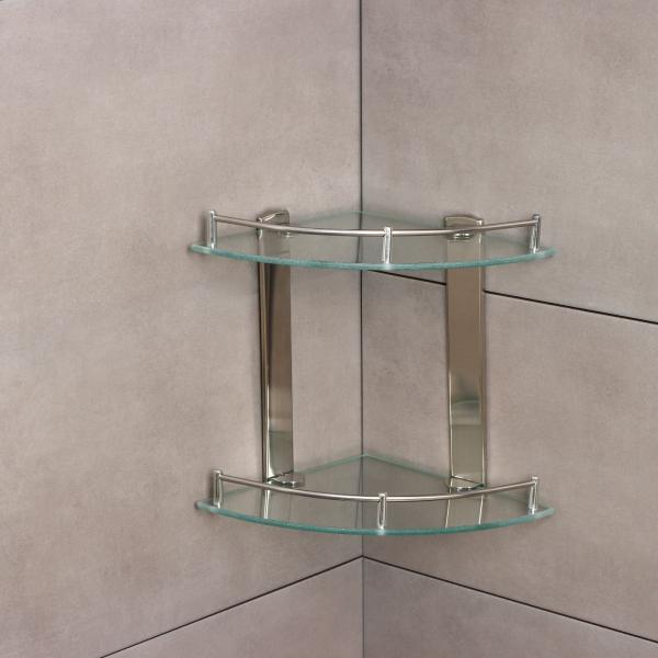 Полка 2х-ярусная угловая для ванной комнаты, нерж сталь, стекло 24x24x25см 9562972