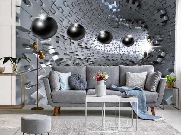 3D Фотообои «Шары в тоннеле из пазла» Песок 300*270