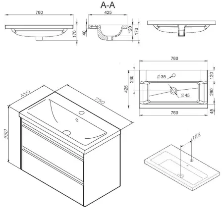 База с раковиной подвесная Am.Pm M91-FHX0752-WCC0752WG Pulse, 75см, 2 ящика, бел.гл.графит