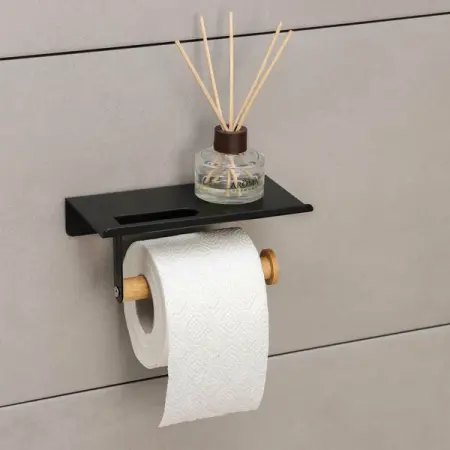 Держатель для туалетной бумаги с полочкой BAMBOO, 18х9,7х7,5см, цвет чёрный