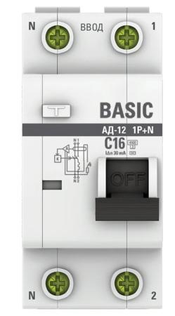 Диф.автомат АД-12 1P+N С16А 30mA тип AC эл.4.5кА EKF DA12-16-30-bas