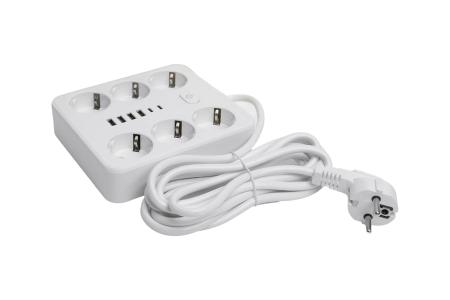 Удлинитель 6-мест. c/з 3x1мм2, 3 м, 250В, 10А, 4USB+2Type-C 2,4А, белый STEKKER HM09-66-02