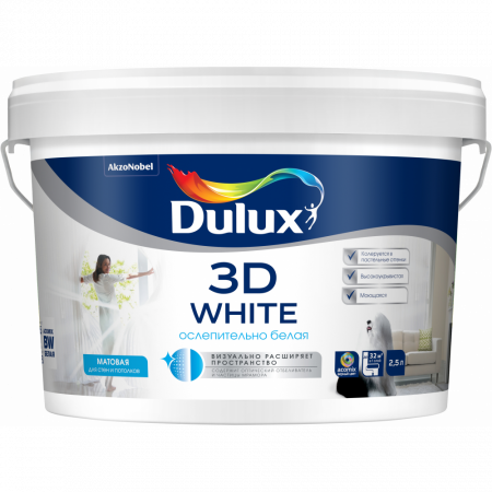 Краска Dulux Новая ослепительно белая 3D матовая 2,5 л