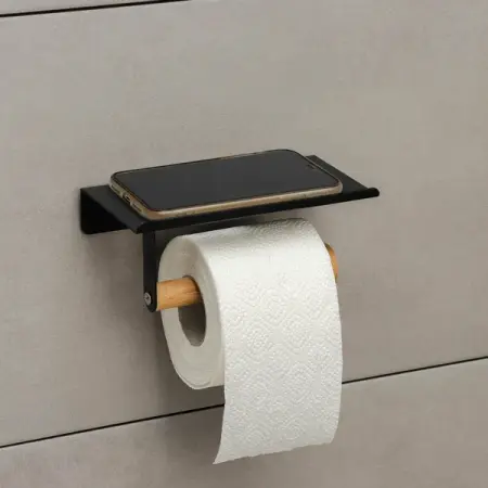 Держатель для туалетной бумаги с полочкой BAMBOO, 18х9,7х7,5см, цвет чёрный