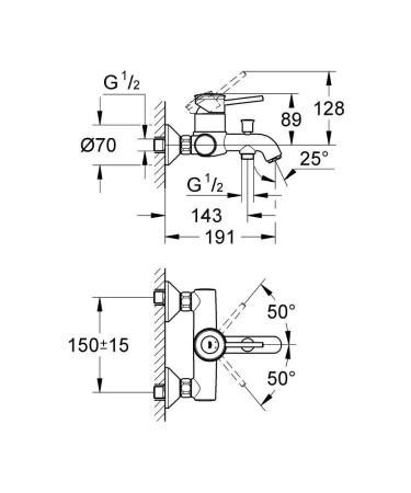 Смеситель для ванной GROHE BAU CLASSIC с переключ. д/к хром